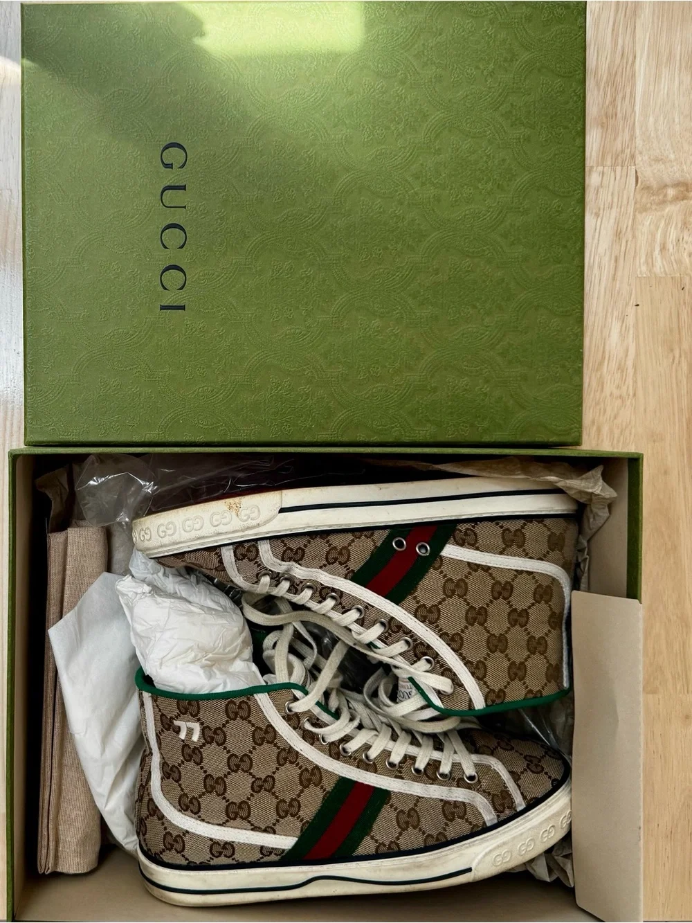 Gucci Beige GG Canvas High-Top Sneakers with Green and Red Web